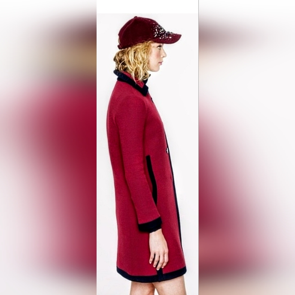 Vintage J. Crew Lady Day Coat Burgandy Wool Blend w/ Navy Trim Buttons Sz 8 EUC - Picture 2 of 16